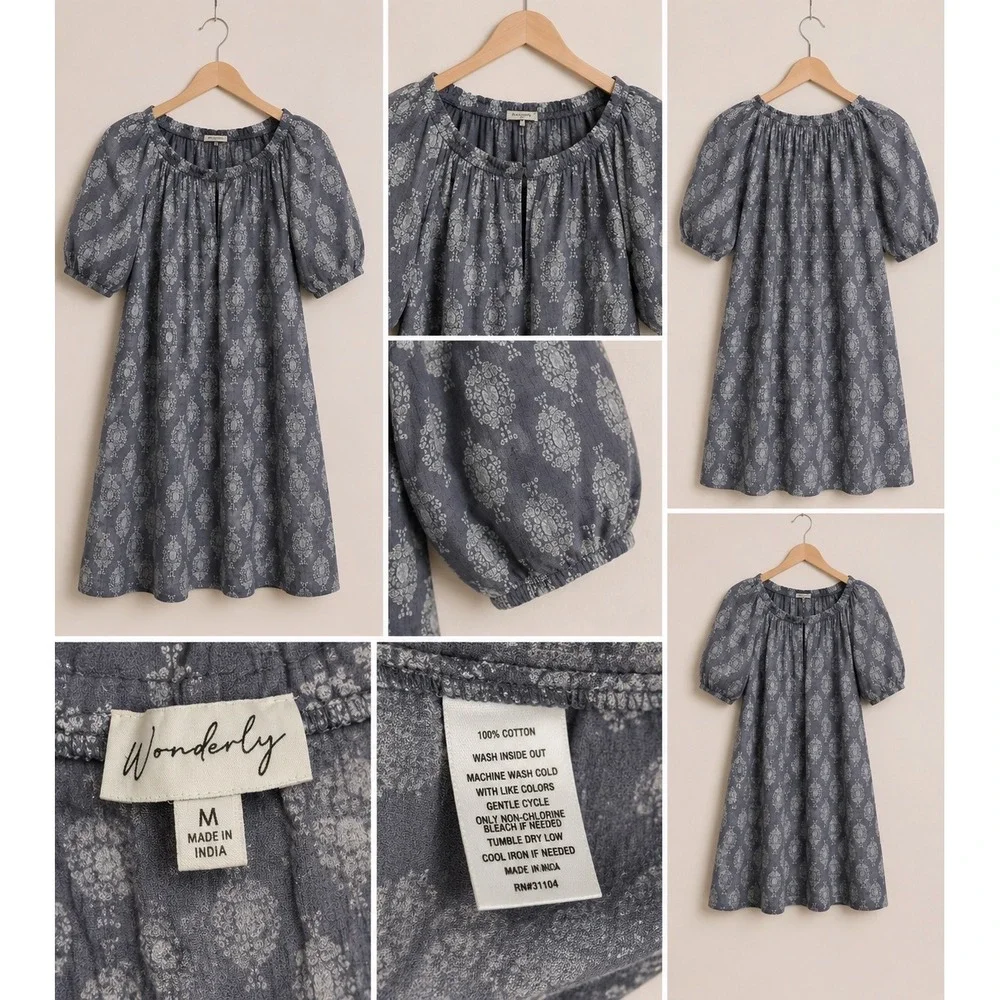 Wonderly Womens Blue‎ Medallion Cotton Gauze Peasant Mini Dress  M Puff Sleeve